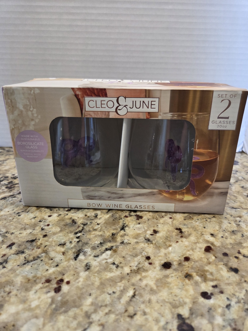 Cleo & June Purple Bow Stemless Wine Glasses Wedding Party 20oz NIB Set Of 2